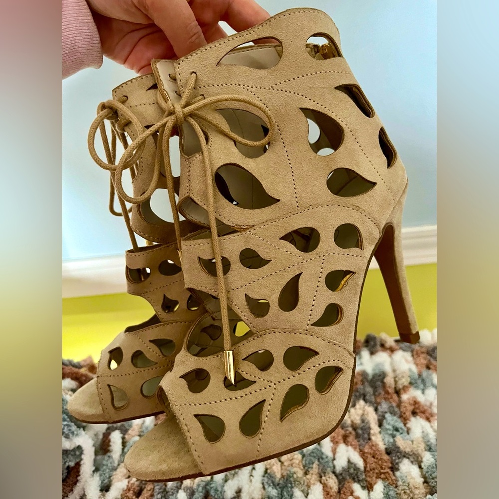 Beige suede cutout 4 inch heels